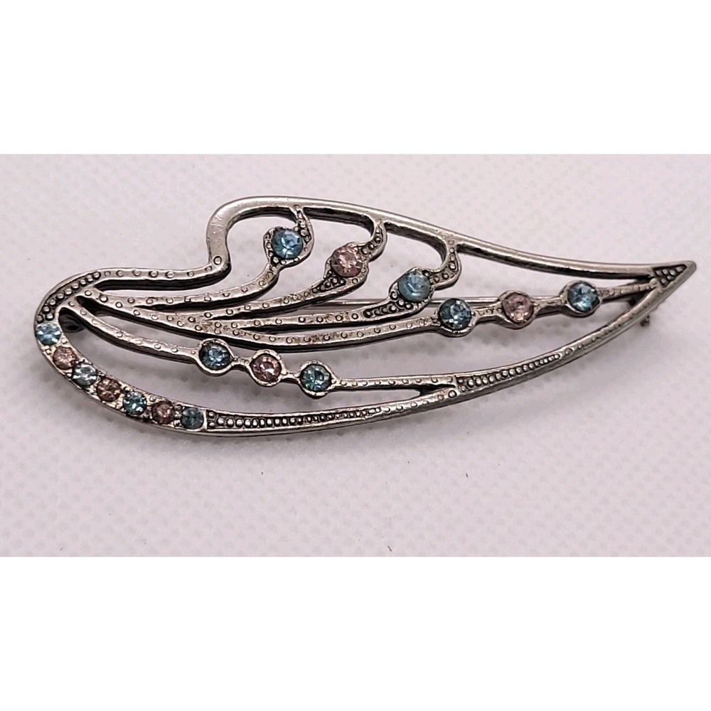 Silver Tone Blue Pink Rhinestone Feather Brooch Pin Openwork 66mm